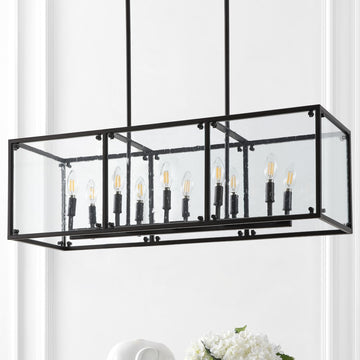 Paysan 35" Linear Adjustable Iron/Seeded Glass Rustic Farmhouse LED Pendant - JONATHAN Y